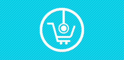 Stethoscope and shopping cart icon in white on cyan background.
